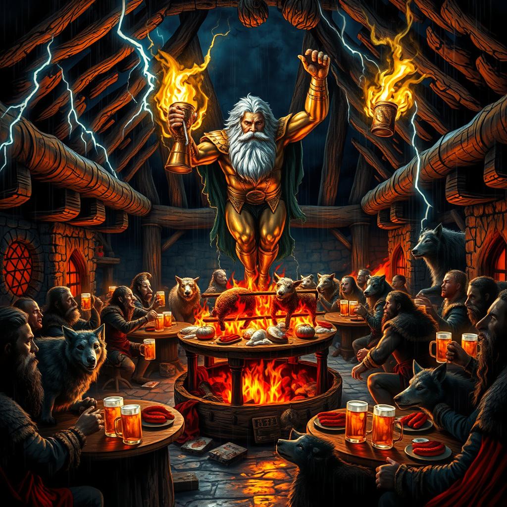 A dramatic and fantastical tavern scene inside a stone-and-timber structure set in a dark, otherworldly forest