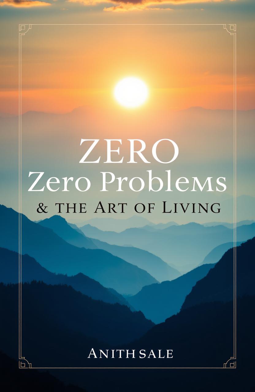 A book cover design for 'Zero Problems & The Art of Living' featuring a serene sunrise over majestic mountains, with golden and soft pastel hues symbolizing enlightenment and positivity
