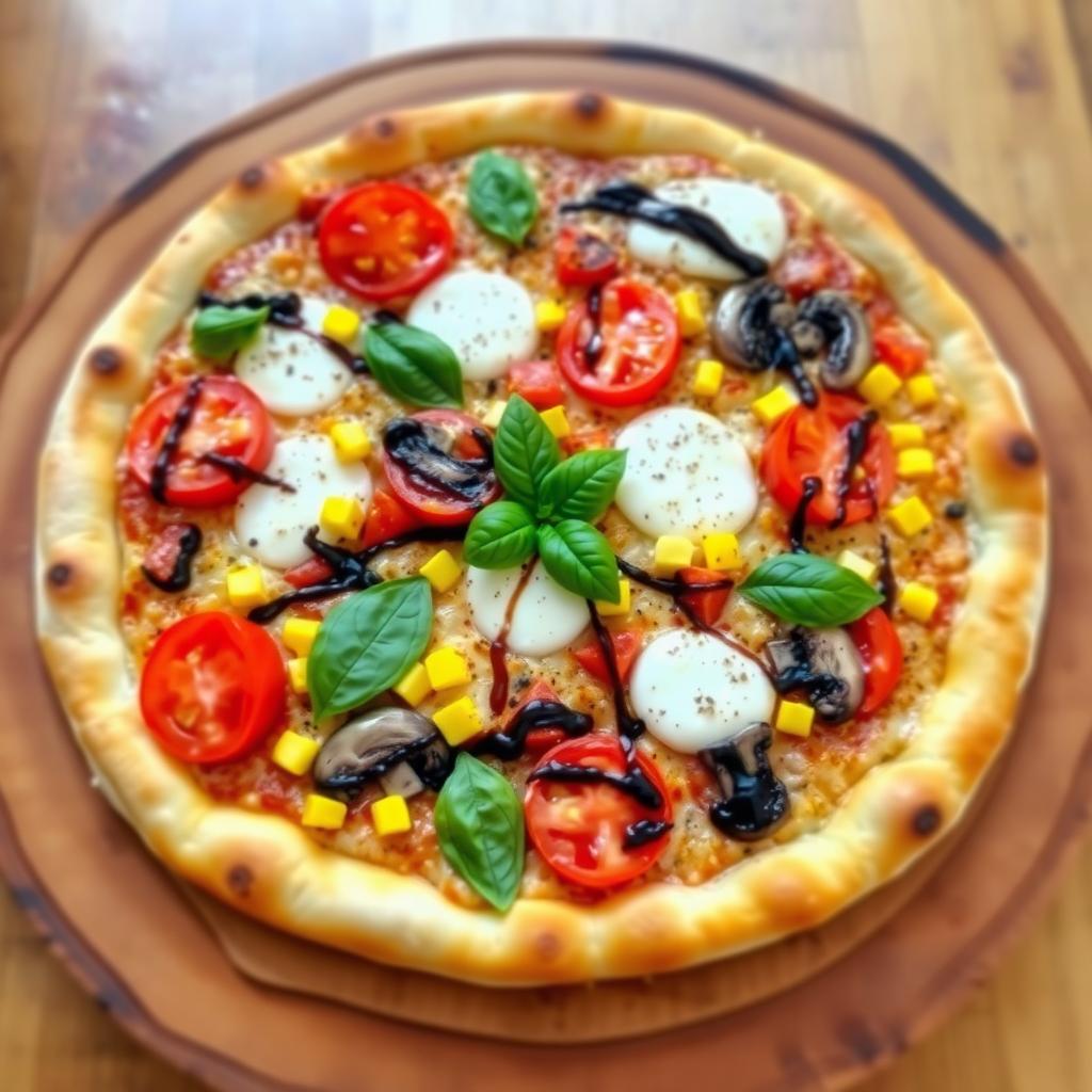 A delicious pizza topped with fresh, juicy tomatoes, sweet corn, sliced mushrooms, and vibrant capsicum peppers, all melted under a layer of gooey mozzarella cheese