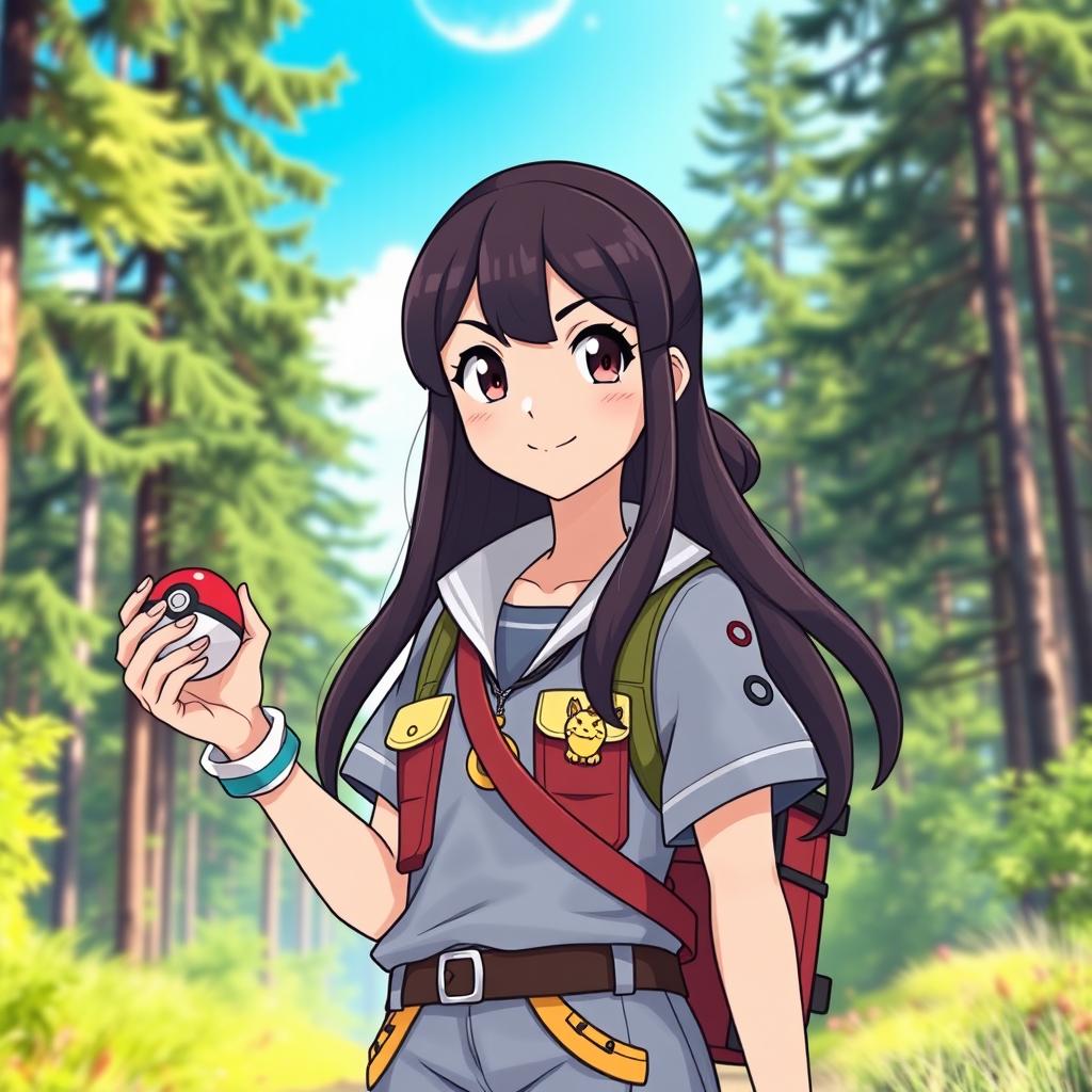 A full-body portrait of a young Pokemon trainer with long, dark brown hair