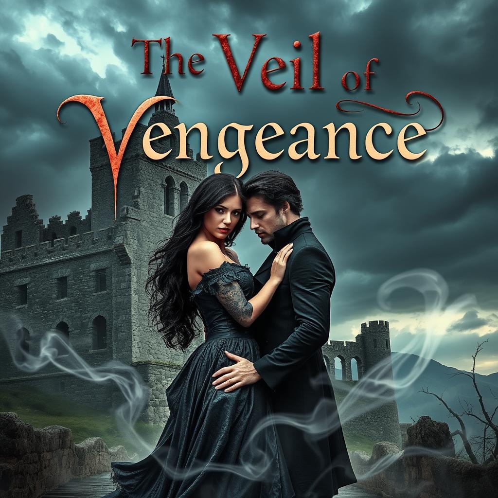 An alluring book cover for a dark romance novel titled 'The Veil of Vengeance'