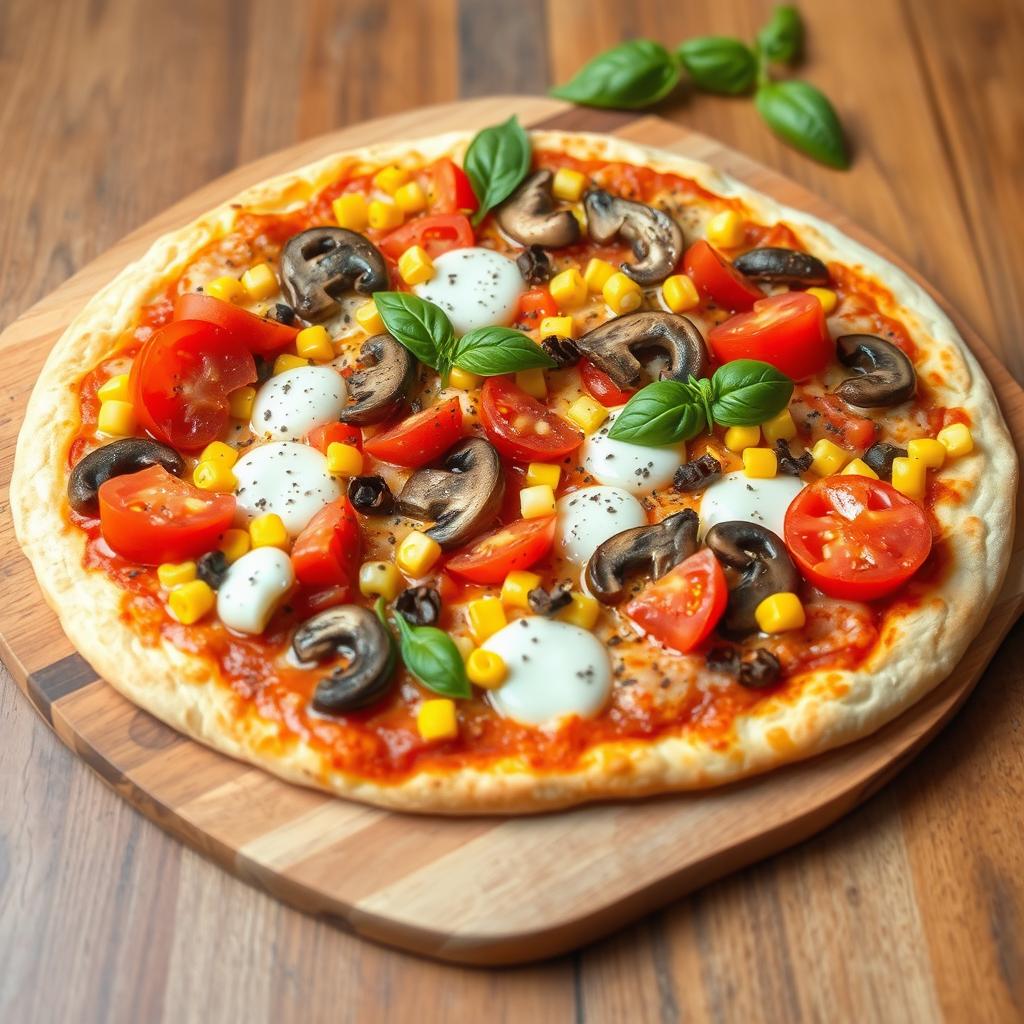 A delicious pizza topped with an enticing mixture of fresh, juicy tomatoes, sweet corn, sliced mushrooms, and colorful capsicum peppers, all melted beneath a rich layer of gooey mozzarella cheese