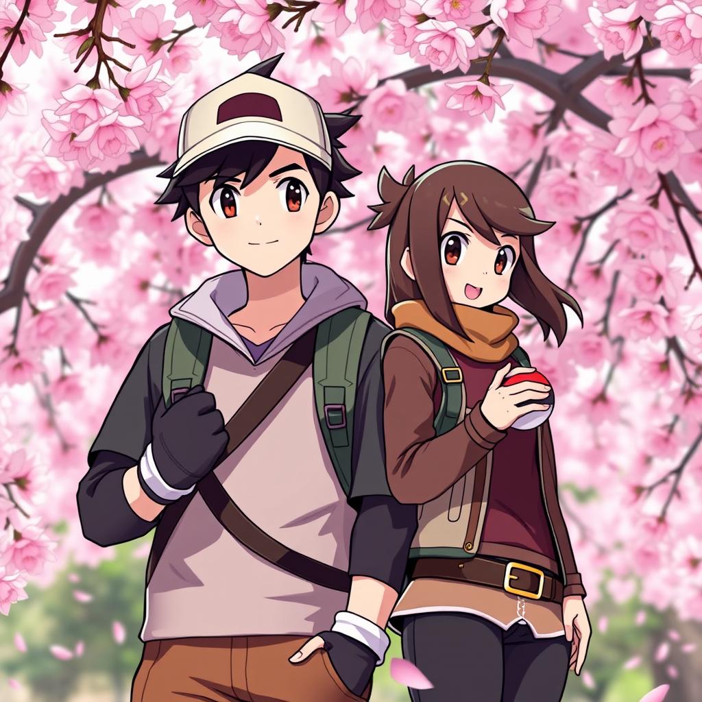 A full-body portrait of a boy and a girl as Pokémon trainers, both with dark brown hair