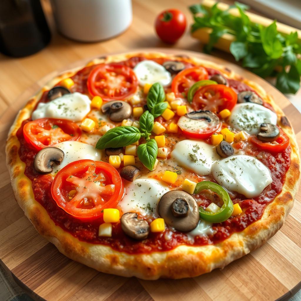 A deliciously crafted pizza featuring an enticing array of fresh ingredients: juicy, round slices of vibrant tomatoes, sweet corn kernels for added sweetness, tender mushrooms sliced to perfection, and crunchy capsicum (bell peppers) in eye-catching red and green colors