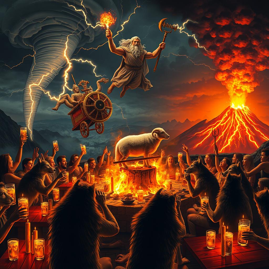 A wild and chaotic terrace party set on a mountaintop under divine wrath
