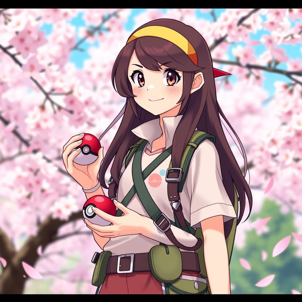 A full-body portrait of a young Pokemon trainer with long, dark brown hair, set against a beautiful cherry blossom background