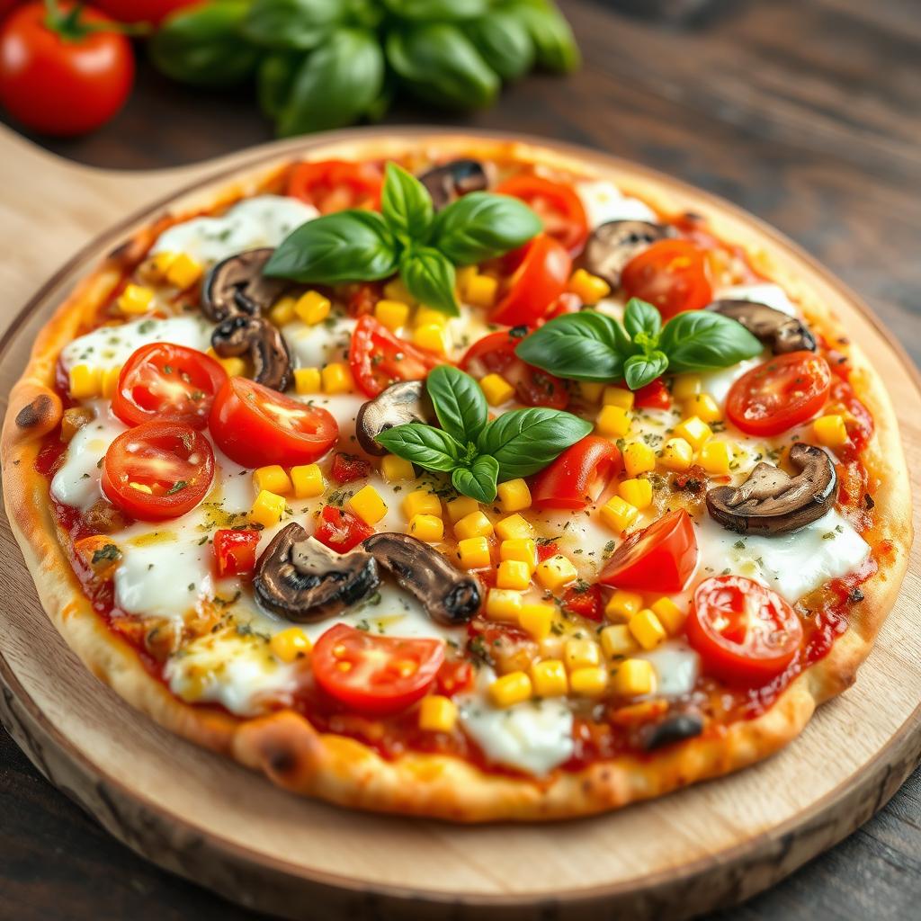 A visually appealing pizza topped with an abundant selection of fresh tomatoes, sweet corn, sliced mushrooms, and colorful capsicum peppers, all covered with a generous layer of melted mozzarella cheese that stretches enticingly