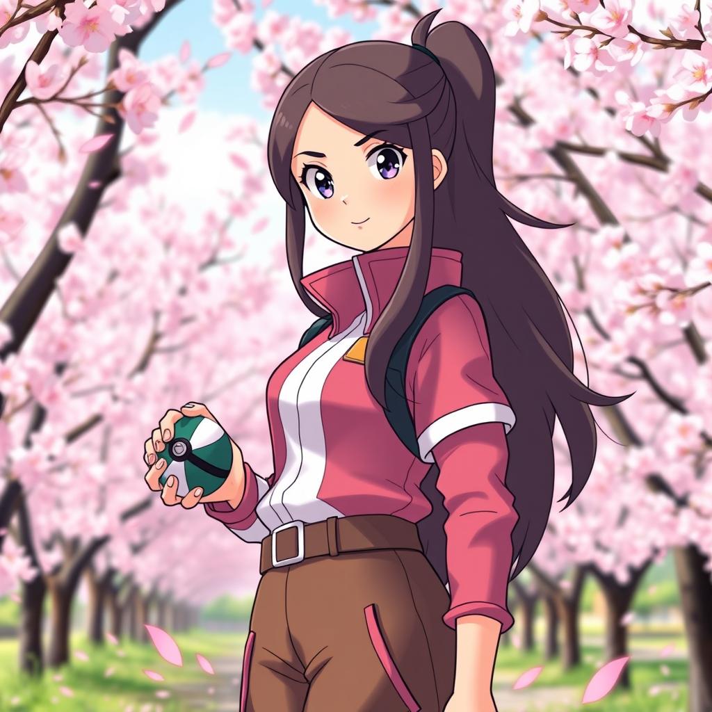 A full-body portrait of a young Pokemon trainer with long, dark brown hair, dressed in a stylish and colorful trainer outfit