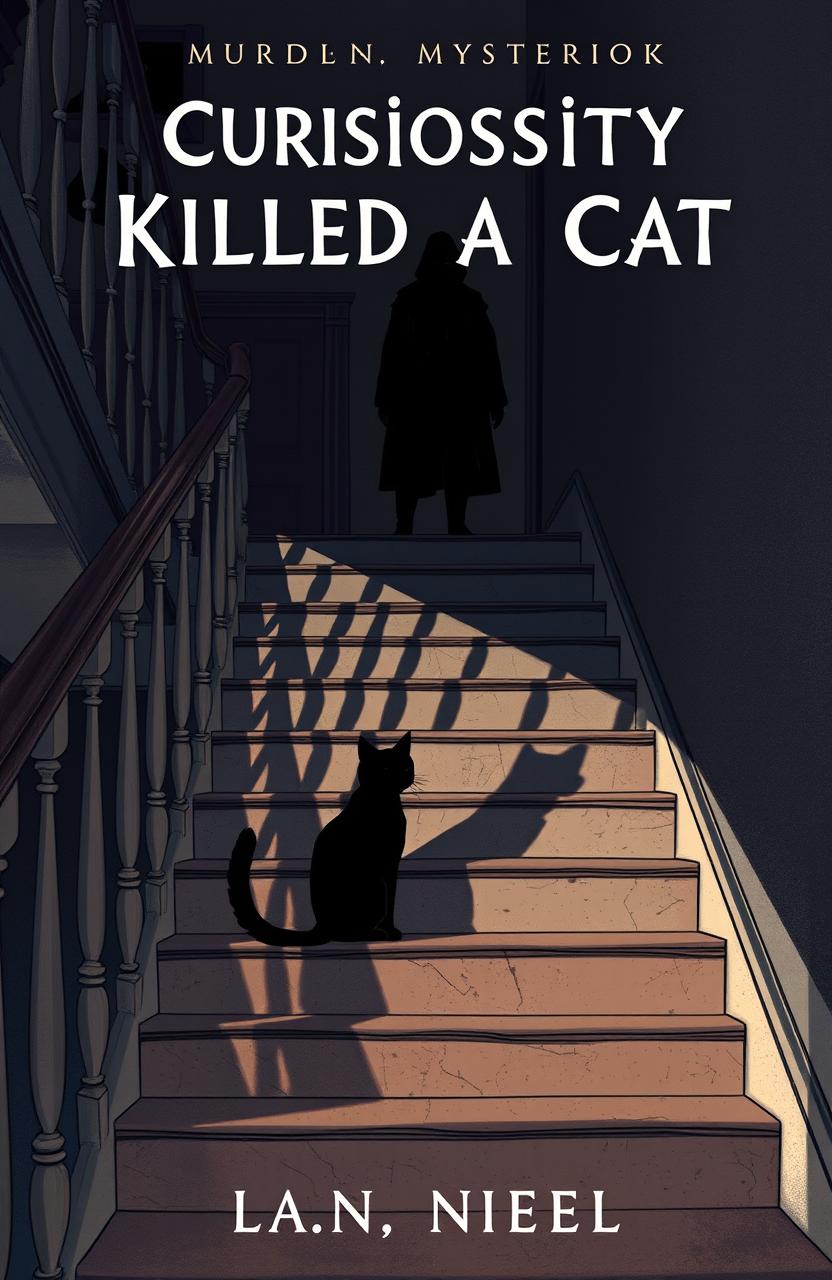 A captivating book cover illustration for a murder mystery novel titled 'Curiosity Killed a Cat'
