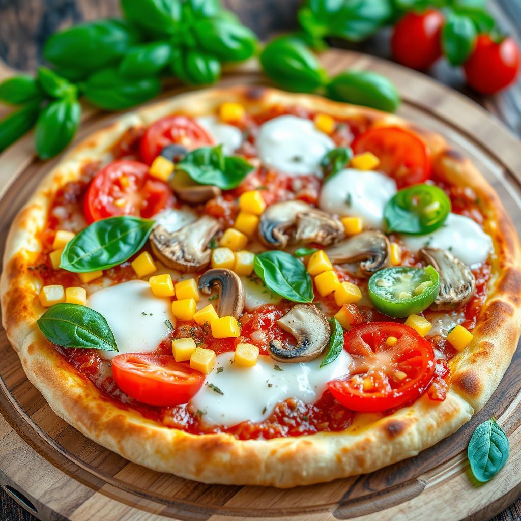 A tempting pizza loaded with fresh, ripe tomatoes, sweet yellow corn, sliced mushrooms, and vibrant green capsicum, all harmonized under a generous layer of melted mozzarella cheese