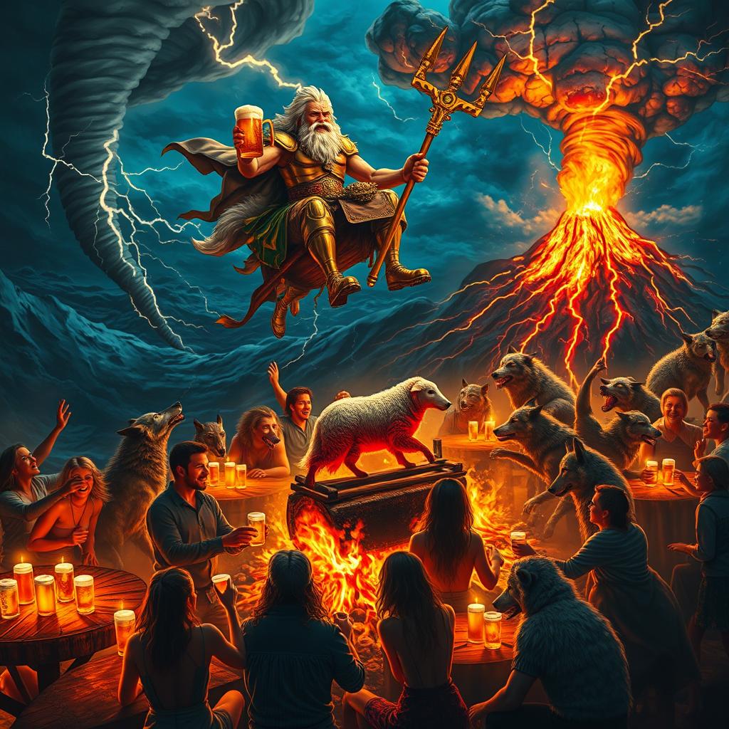 A wild and chaotic terrace party on a mountaintop, filled with people and wolves joyfully drinking beer together at burning wooden tables