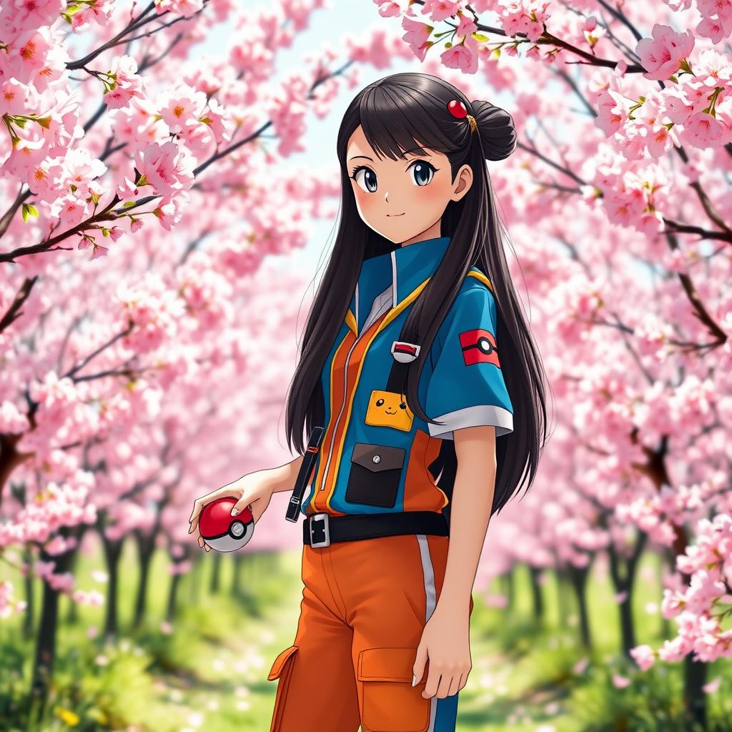 A full-body portrait of a young Pokemon trainer with long, dark brown hair, standing confidently in a vibrant cherry blossom garden