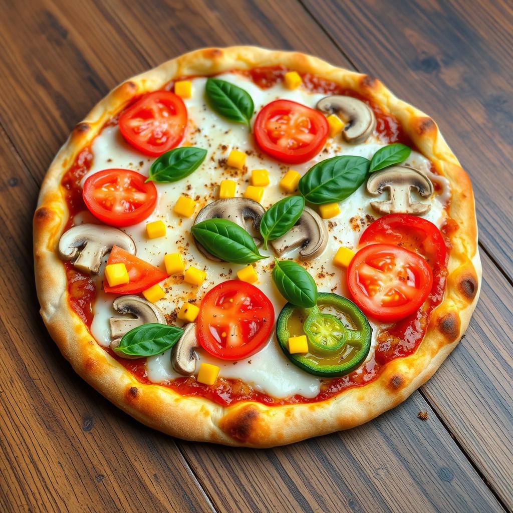 A mouthwatering pizza topped with fresh, ripe tomatoes, sweet yellow corn, sliced mushrooms, and vibrant green capsicum, all covered in a generous layer of melted mozzarella cheese