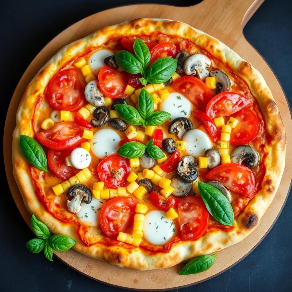 A mouthwatering pizza topped with a medley of fresh, juicy tomatoes, sweet corn kernels, sliced mushrooms, and colorful capsicum peppers, all melted together with a rich layer of gooey mozzarella cheese