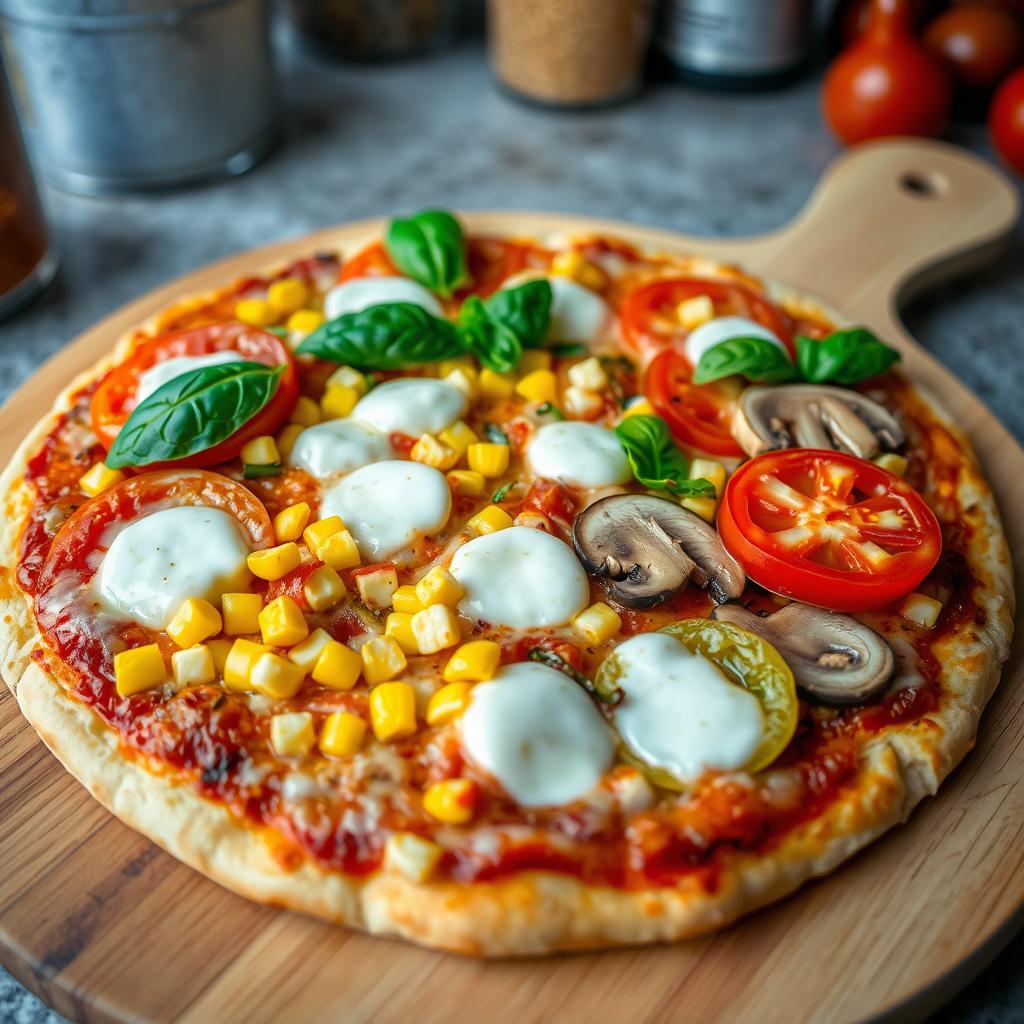 A vibrant pizza topped with an enticing mix of fresh ingredients: succulent, ripe tomatoes sliced into thick rounds, sweet corn kernels for a delightful crunch, colorful capsicum (bell peppers) in bright red and green hues, and tender mushrooms sliced to complement the other toppings