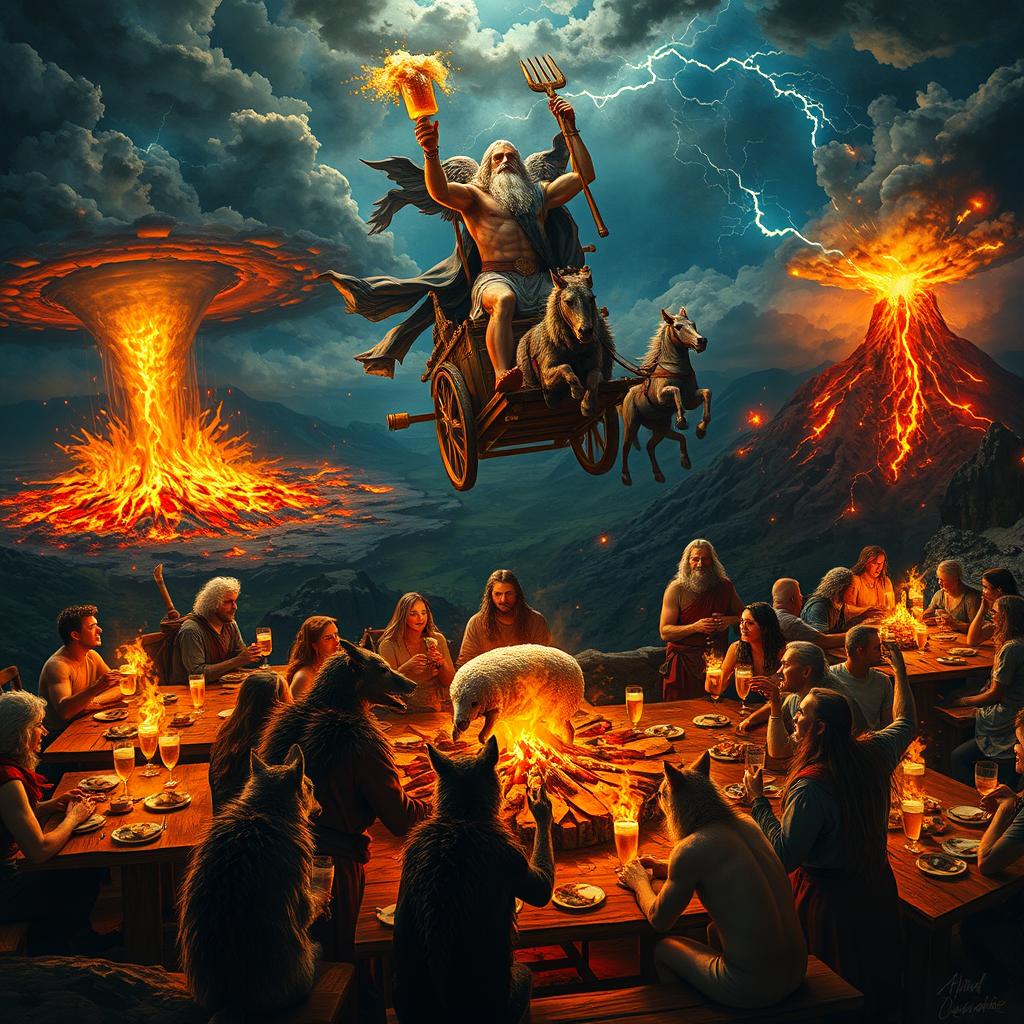 A wild and chaotic terrace party on a mountaintop, where people and wolves joyfully drink beer together at burning wooden tables