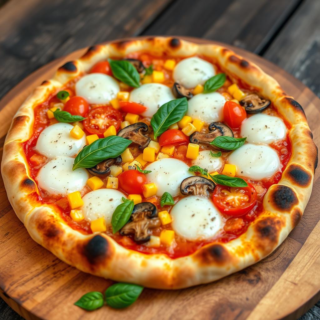An appetizing pizza featuring a blend of fresh, juicy tomatoes, sweet yellow corn, savory mushrooms, and crunchy green capsicum, all topped with a luscious layer of melted mozzarella cheese