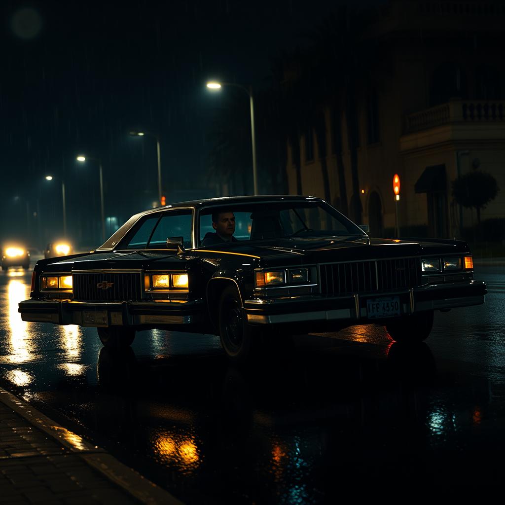 A captivating scene in 1990s crime noir thriller style, showcasing a man driving off into the night in a sleek black 1976 Chevy Impala