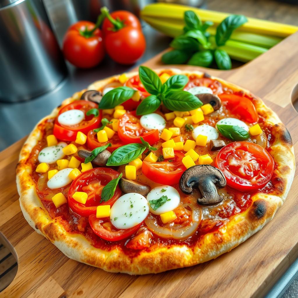 A delightful pizza topped with a colorful assortment of fresh ingredients: juicy, vibrant fresh tomatoes sliced into thick pieces, sweet corn kernels providing a pop of sweetness, crunchy capsicum (bell peppers) in bright red and green colors, and savory mushrooms sliced thinly to complement the toppings