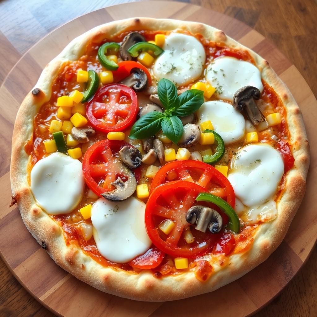 A delicious pizza topped with fresh, juicy tomatoes, sweet yellow corn, tender mushrooms, and vibrant green capsicum, all generously layered with melted mozzarella cheese