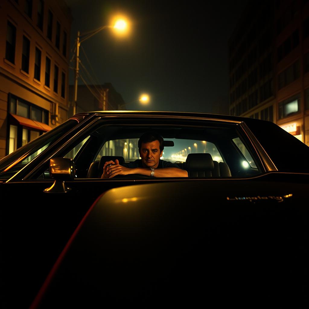A striking scene in 1990s crime noir thriller style, featuring a man behind the wheel of a classic black 1976 Chevy Impala, driving off into the allure of the night