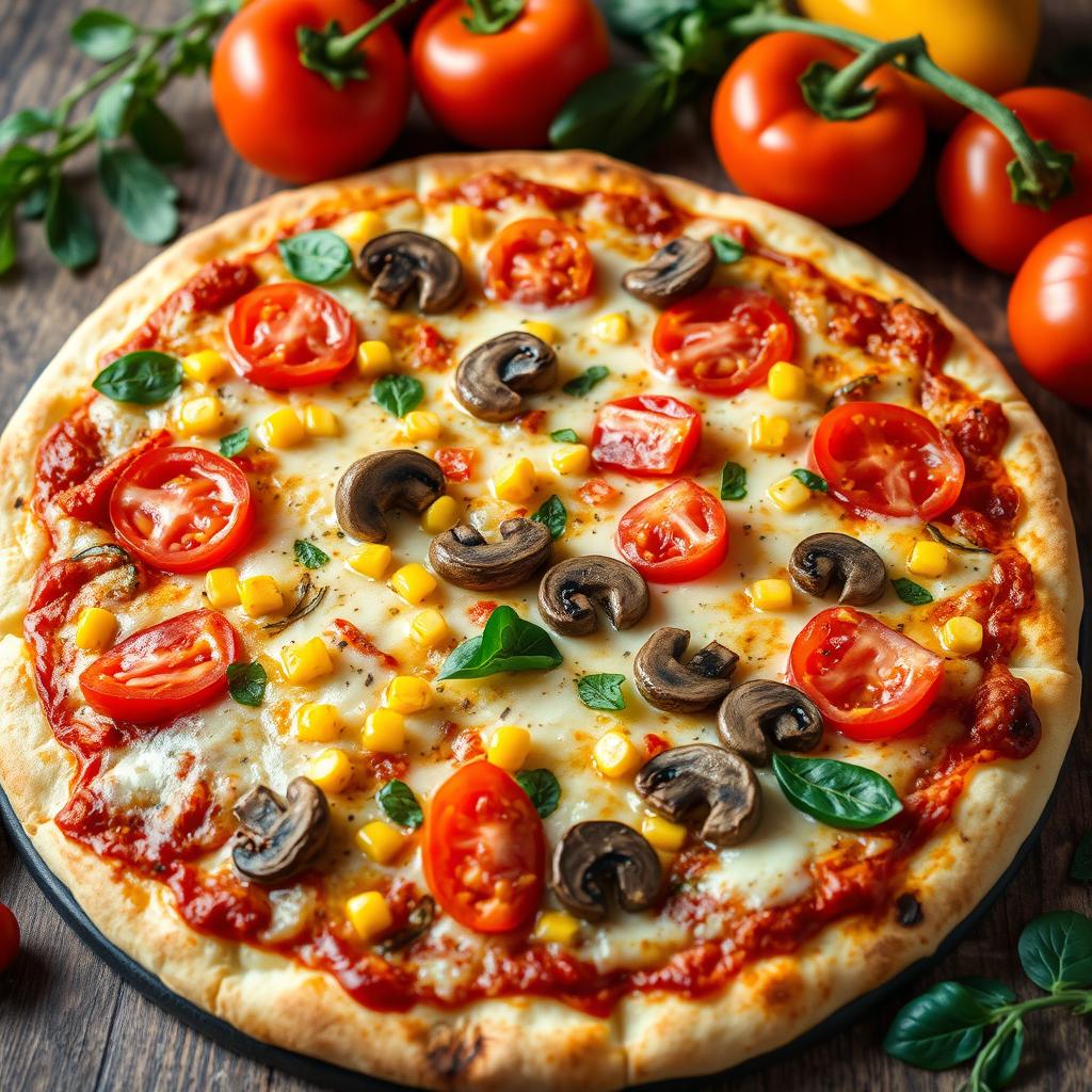 A delicious vegetarian pizza topped with fresh tomatoes, sweet corn, sautéed mushrooms, and colorful capsicum, all melted under a layer of gooey mozzarella cheese