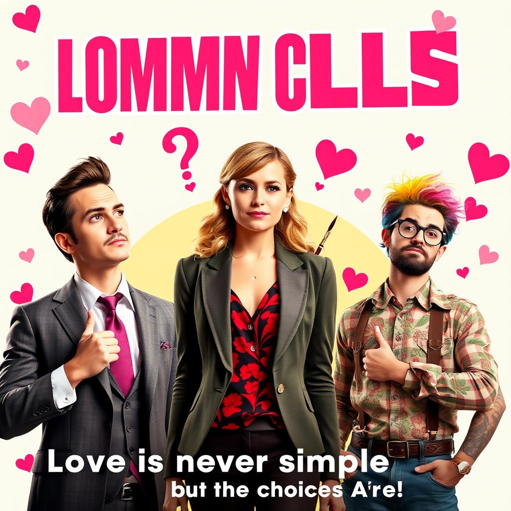 A vibrant and eye-catching romantic comedy movie poster featuring a stylish woman standing at the center, looking thoughtfully perplexed, as she contemplates her choice between three very different men surrounding her
