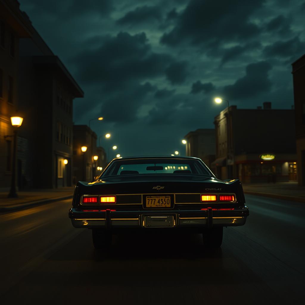 A captivating scene in 1990s crime noir thriller style, featuring a classic black 1976 Chevy Impala driving off into the enigmatic night