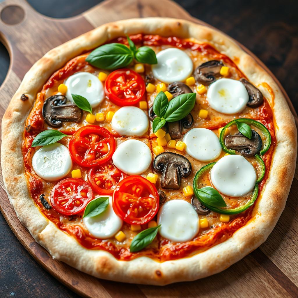 A well-balanced pizza featuring a harmonious blend of fresh ingredients: succulent tomatoes, sweet yellow corn, earthy mushrooms, and crisp green capsicum, all layered generously with melted mozzarella cheese