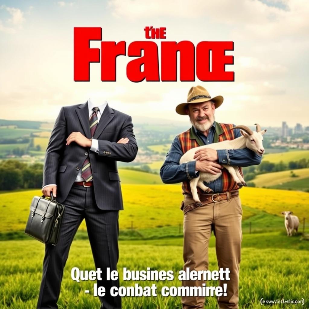 A colorful and engaging French comedy movie poster featuring an unlikely duo: a sharp-dressed trader looking confident with a briefcase in one hand, and a rugged goat farmer dressed in casual farm attire holding a goat under his arm