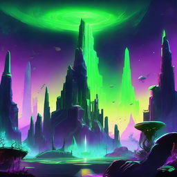 A vast, alien landscape with a neon green sky, soaring obsidian towers, and exotic, gigantic flora glowing with bioluminescence.