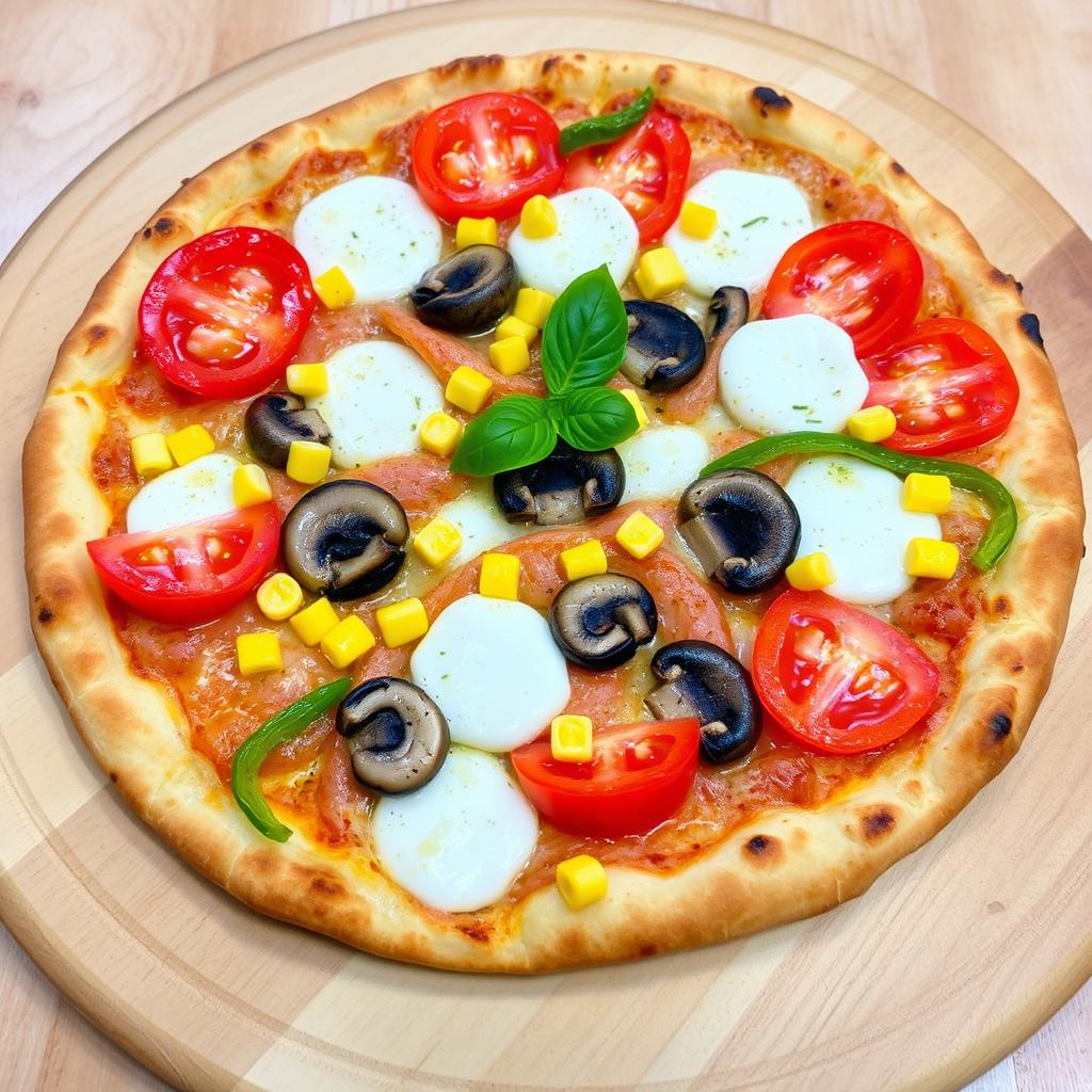 A well-balanced pizza crafted with a delightful assortment of toppings: juicy fresh tomatoes, sweet yellow corn, savory mushrooms, and crisp green capsicum, all beautifully intertwined with a generous layer of melted mozzarella cheese