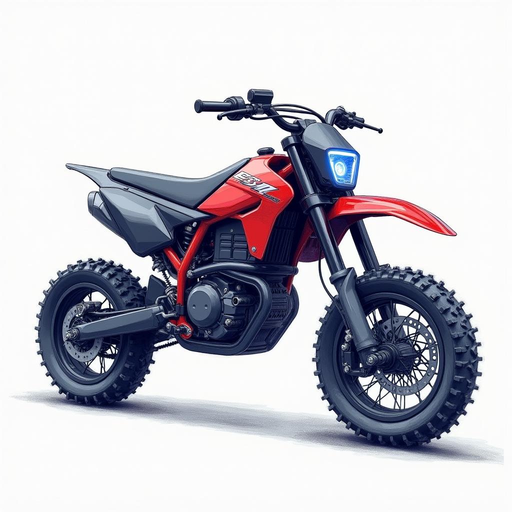 Concept sketches of an electric pit bike drawn with a blue pencil, featuring sharp contours and a strict but stylish aesthetic in black and red colors