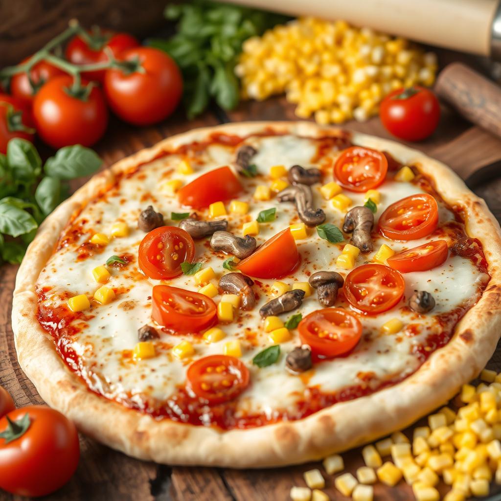 A delicious vegetarian pizza topped with fresh tomatoes, sweet corn, sautéed mushrooms, and chopped capsicum, all melted under a layer of gooey mozzarella cheese