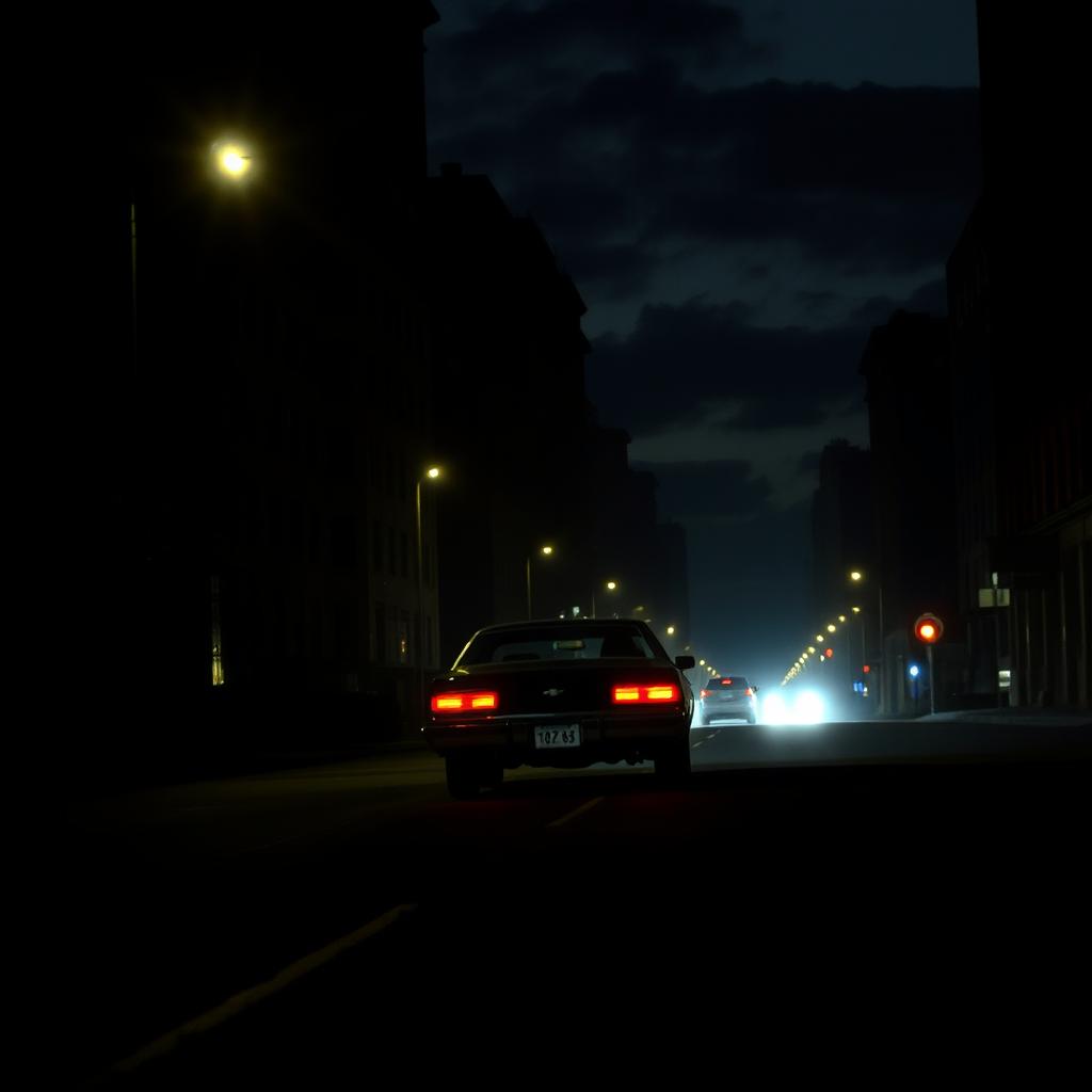 A dramatic scene in 1990s crime noir thriller style, featuring a black 1976 Chevy Impala driving off into the night, visible in the distance