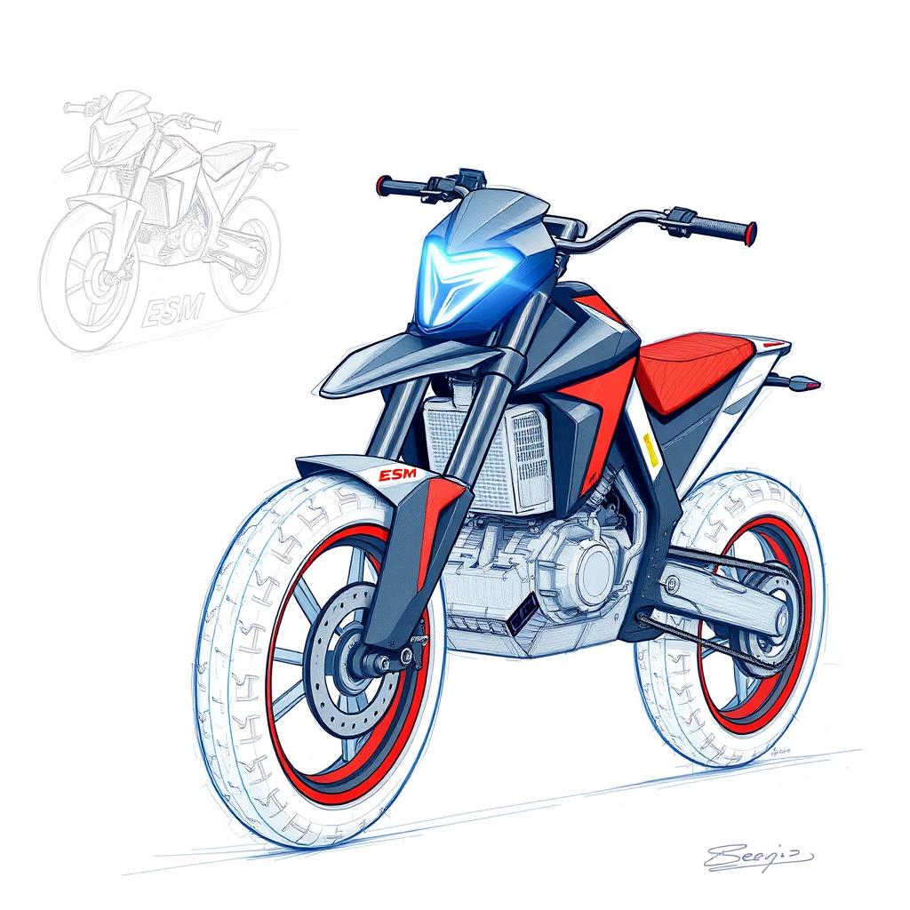 Concept sketches of an electric sports motorcycle, designed with a blue pencil, emphasizing sharp contours while maintaining a sleek, strict style