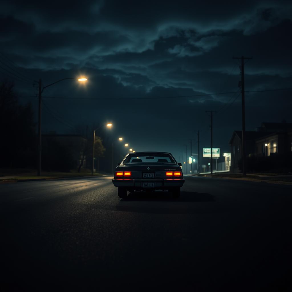 A dramatic scene in 1990s crime noir thriller style, showcasing a black 1976 Chevy Impala driving off into the night, seen distantly in the background