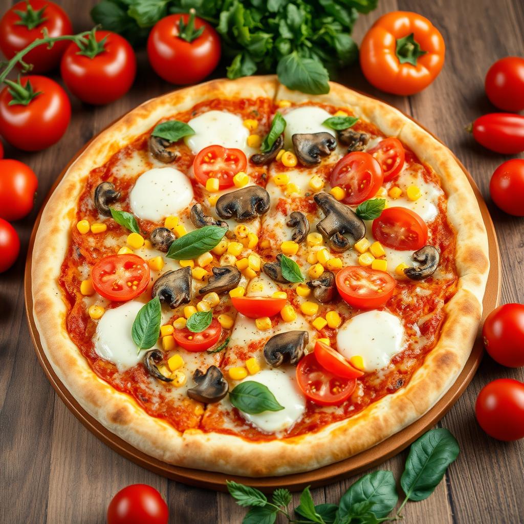 A mouthwatering vegetarian pizza featuring a harmonious blend of fresh tomatoes, sweet corn, sautéed mushrooms, and vibrant capsicum, all generously topped with melted mozzarella cheese