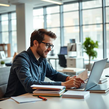 An engaged and focused professional working hard at a modern office desk, surrounded by study materials and a laptop open to an online certification course