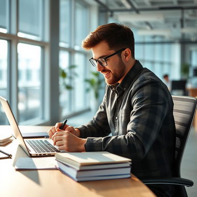 An engaged and focused professional working hard at a modern office desk, surrounded by study materials and a laptop open to an online certification course