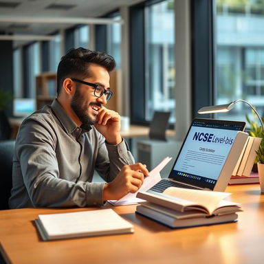 An engaged and focused professional working hard at a modern office desk, surrounded by study materials and a laptop open to an online certification course