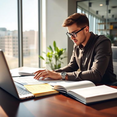 An engaged and focused professional working hard at a modern office desk, surrounded by study materials and a laptop open to an online certification course