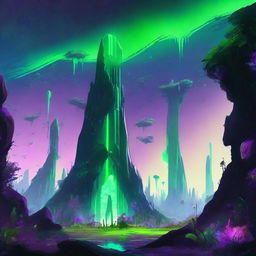 A vast, alien landscape with a neon green sky, soaring obsidian towers, and exotic, gigantic flora glowing with bioluminescence.