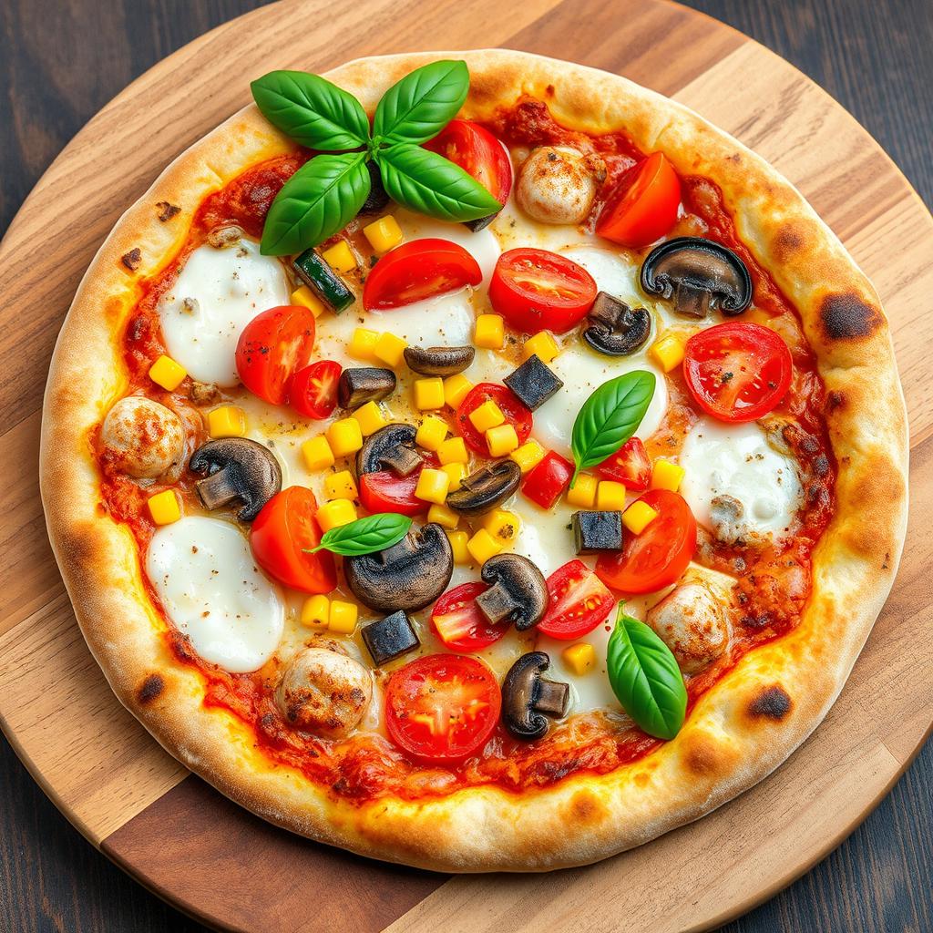 A well-balanced pizza featuring an enticing mix of fresh ingredients: juicy tomatoes, sweet yellow corn, savory mushrooms, and crisp green capsicum, all harmoniously combined under a generous melting of mozzarella cheese