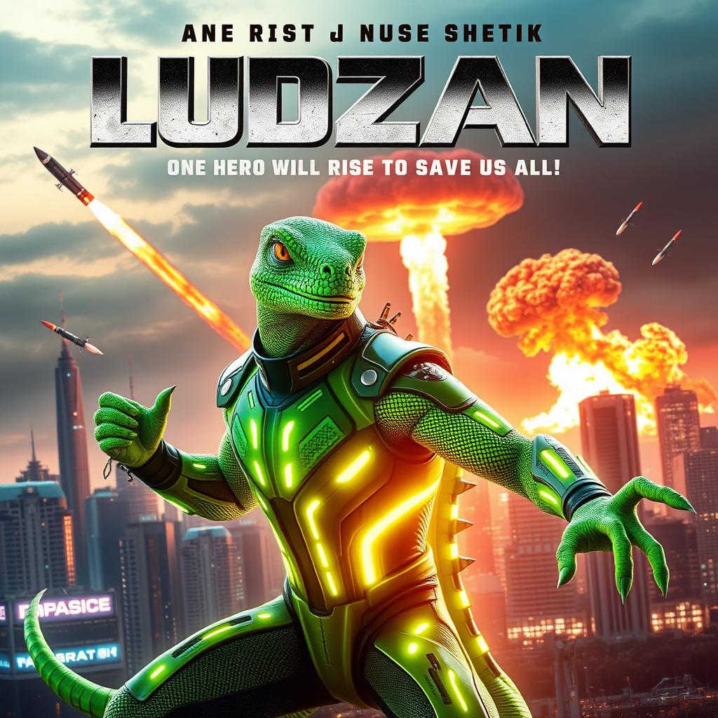 An electrifying science fiction movie poster featuring a striking half-human, half-lizard character as the protagonist, poised heroically in a dynamic pose against a backdrop of a futuristic city skyline