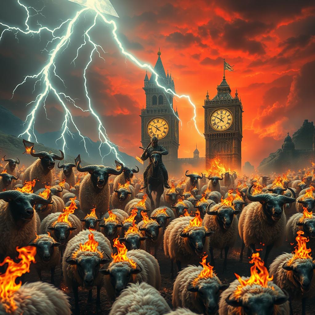 An apocalyptic scene depicting a chaotic landscape where a flock of flaming sheep is being chased by fierce horned wolves wielding axes and drinking beer