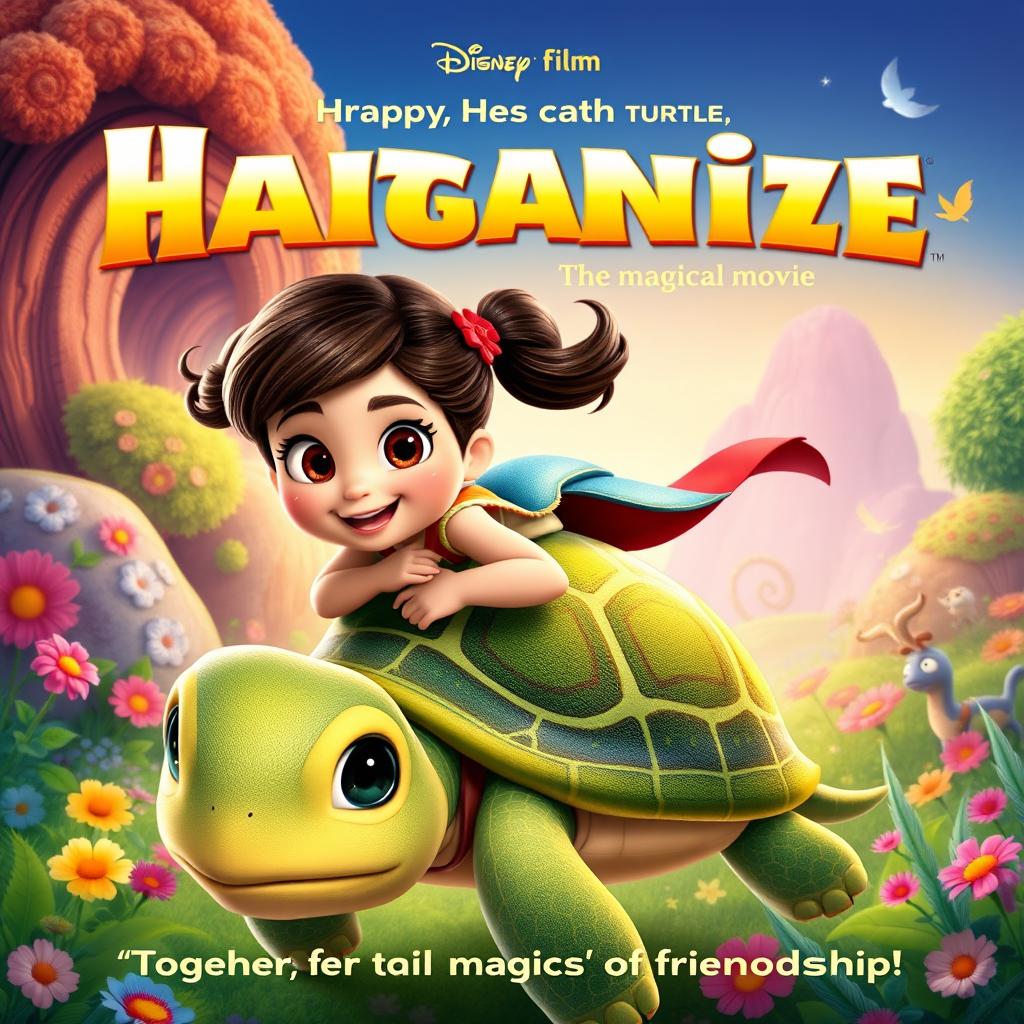 A delightful and colorful movie poster for an animated children's film featuring a brave little girl with big, bright eyes and pigtails, joyfully riding on the back of her magical turtle