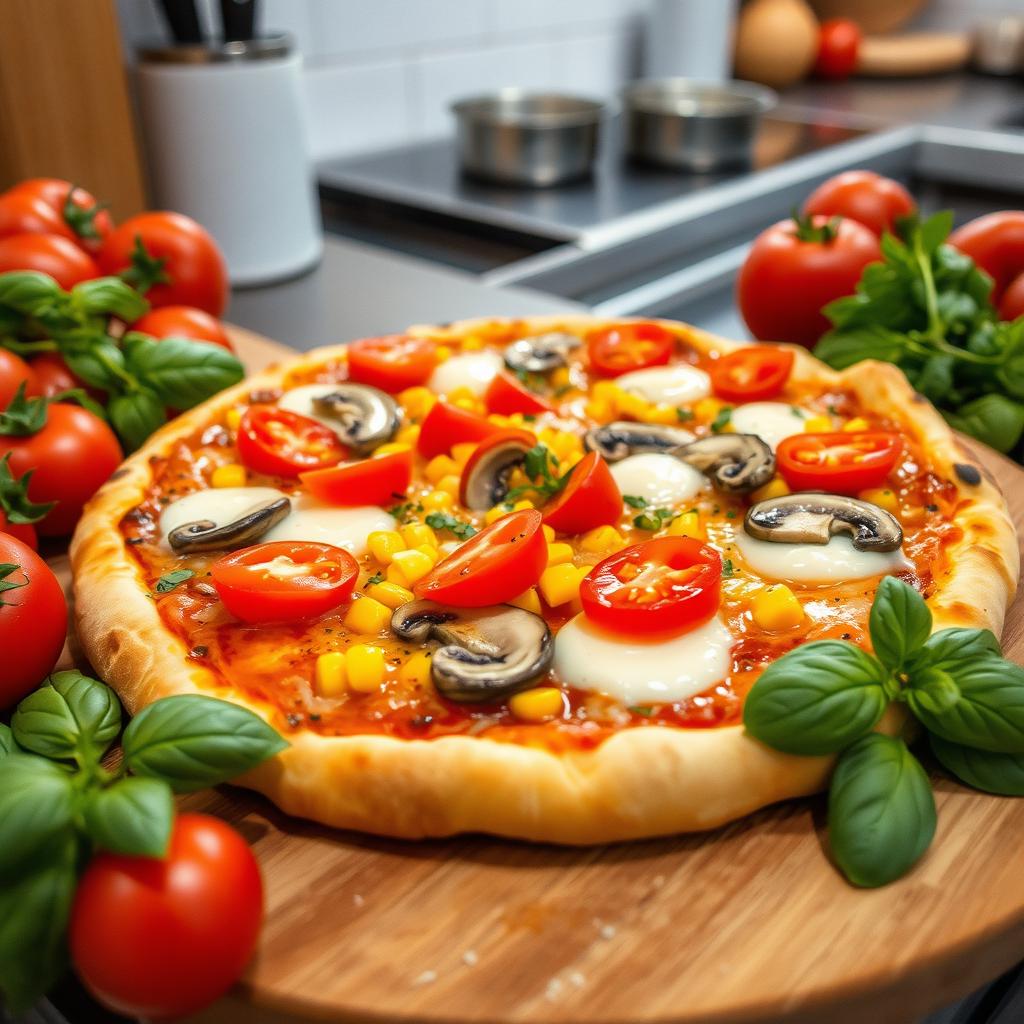 An appetizing close-up of a freshly made pizza topped with fresh tomatoes, sweet corn, colorful bell peppers (capsicum), and sliced mushrooms, all combined with melted mozzarella cheese