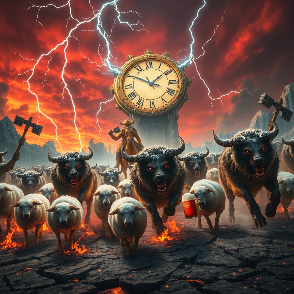 An intense apocalyptic scene where a flock of sheep engulfed in flames runs in terror, chased by fierce horned wolves wielding double-headed axes and drinking beer from frothy tankards
