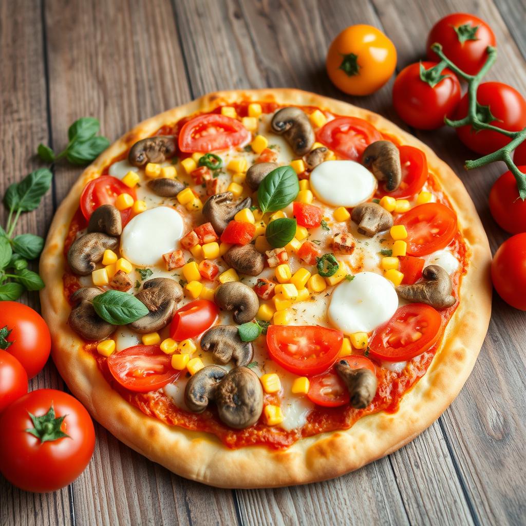 A vibrant vegetarian pizza topped with an abundance of fresh tomatoes, sweet corn, succulent mushrooms, and colorful capsicum, all generously layered with melted mozzarella cheese